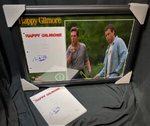 From Happy Gilmore -- Christopher McDonald signed Happy Gilmore movie script with 'Shooter' inscription framed in shadowbox design with Happy Gilmore background. Complete with actual script and certificate of authenticity!