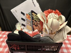 Inside Grill Raffle Basket- indoor grill, 3 bars of soap, 2 oven mitts, cooking utensils with caddy, $50 Cosco gift card
